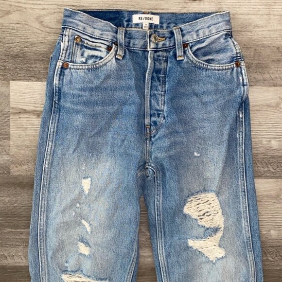 Re/Done 90s High Rise Loose Jeans 24 Blue Distressed 100% Cotton Button Fly Boho - Picture 9 of 13